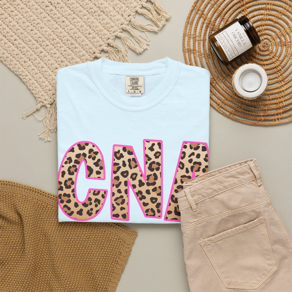 CNA Leopard Print Tee — Pink Outline Certified Nursing Assistant Shirt