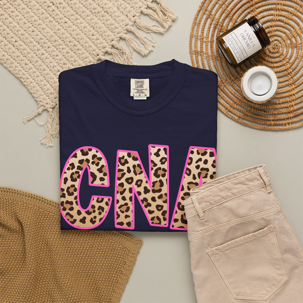 CNA Leopard Print Tee — Pink Outline Certified Nursing Assistant Shirt