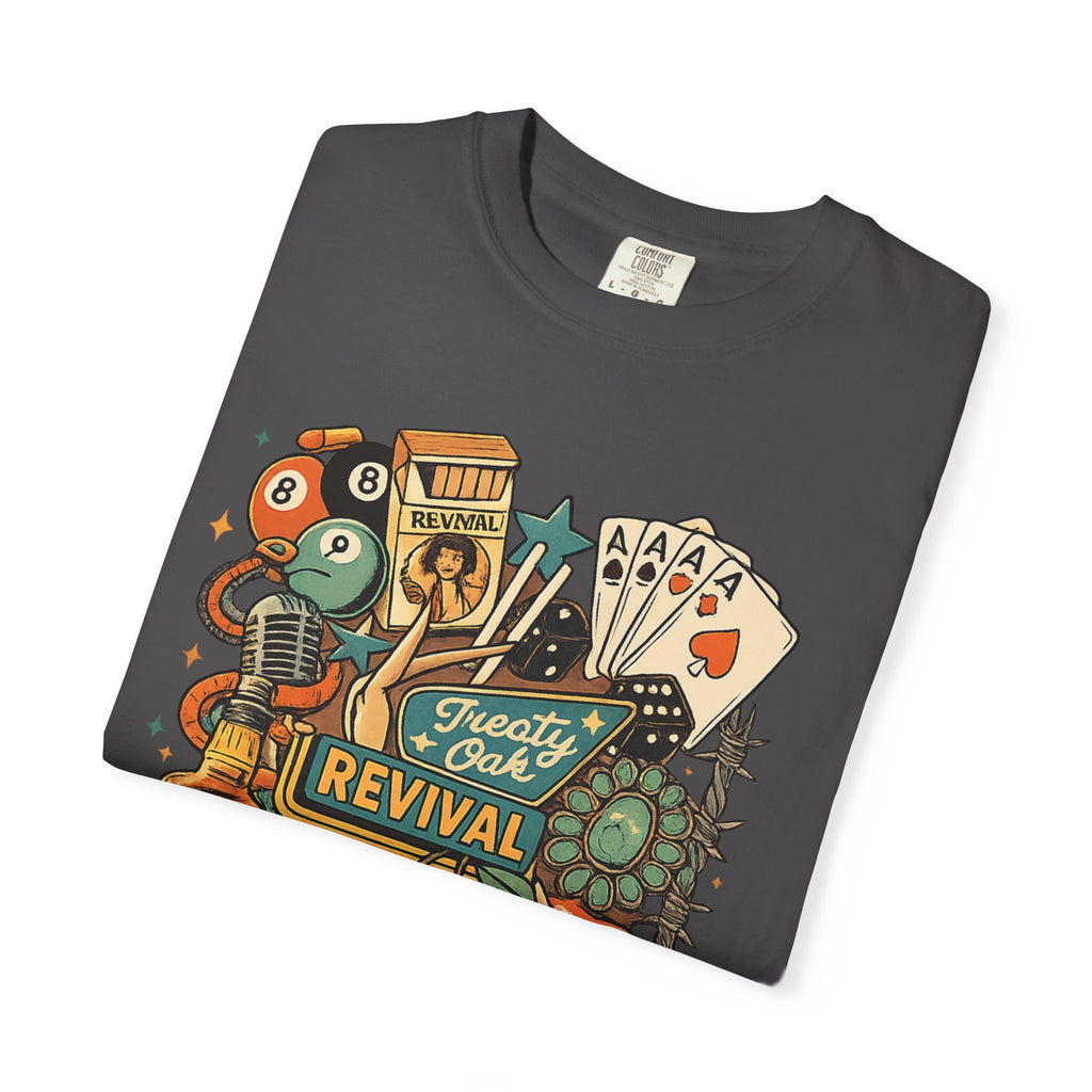 Retro Revival Graphic T-Shirt — 'Revival' Casino & Roadside Patch Art