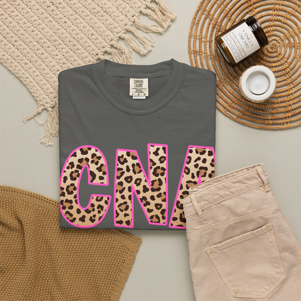 CNA Leopard Print Tee — Pink Outline Certified Nursing Assistant Shirt