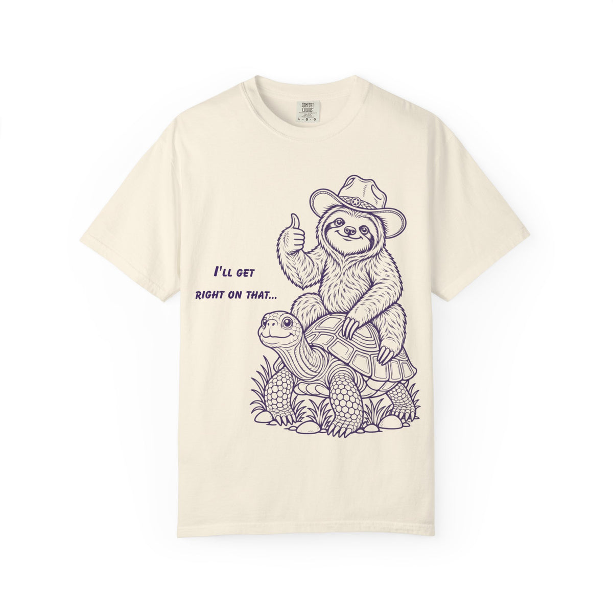 Sloth on Turtle T-Shirt – “I’ll Get Right on That” Vintage Graphic Tee