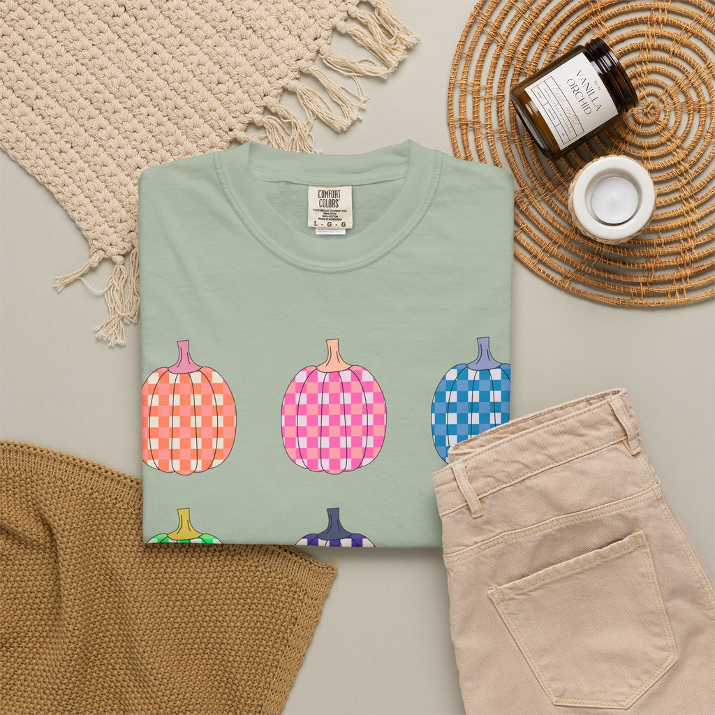 Pumpkin Grid T‑Shirt — Colorful Patterned Pumpkins Tee for Fall & Halloween
