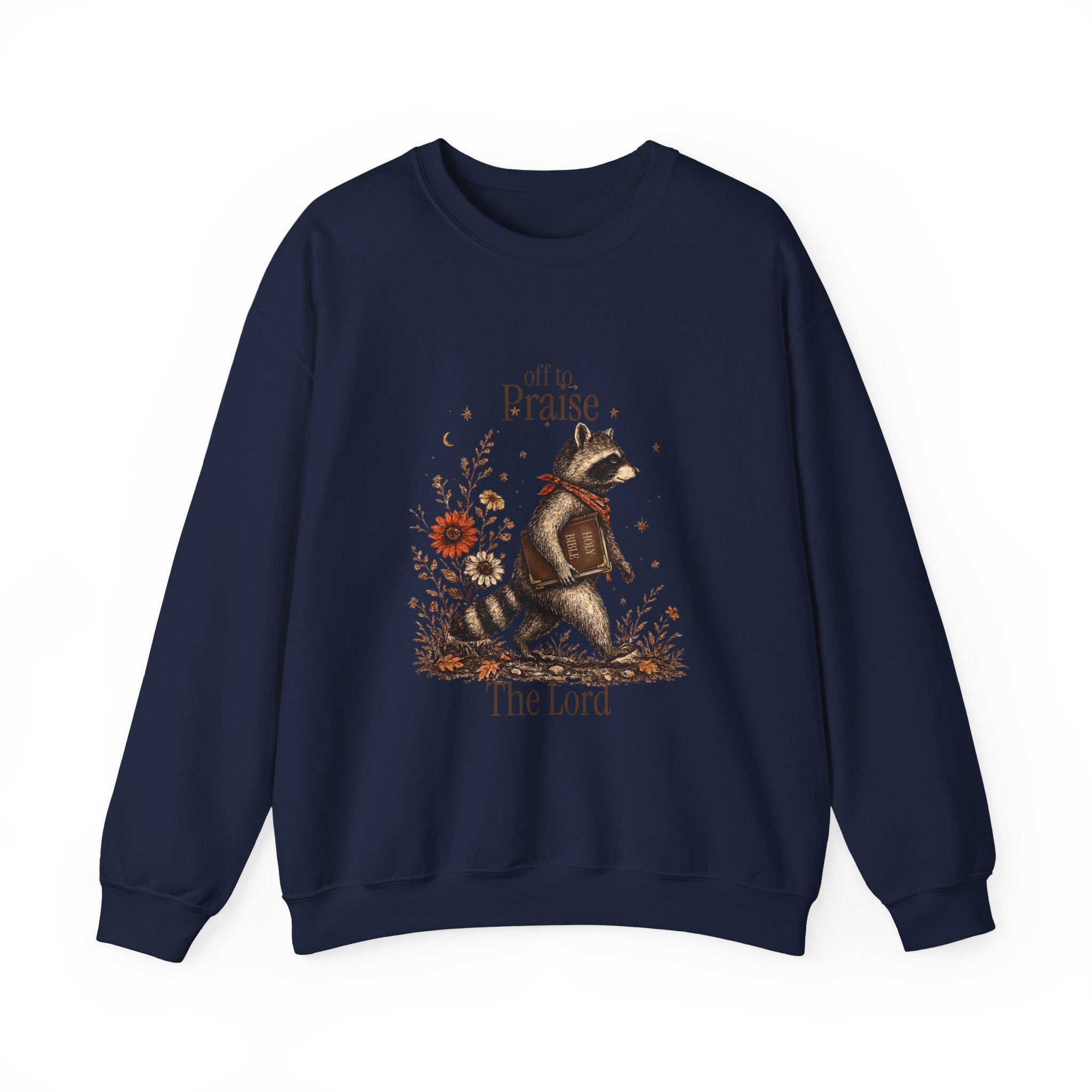 Crewneck Sweatshirt — 'Off to Praise the Lord' Raccoon Christian Graphic