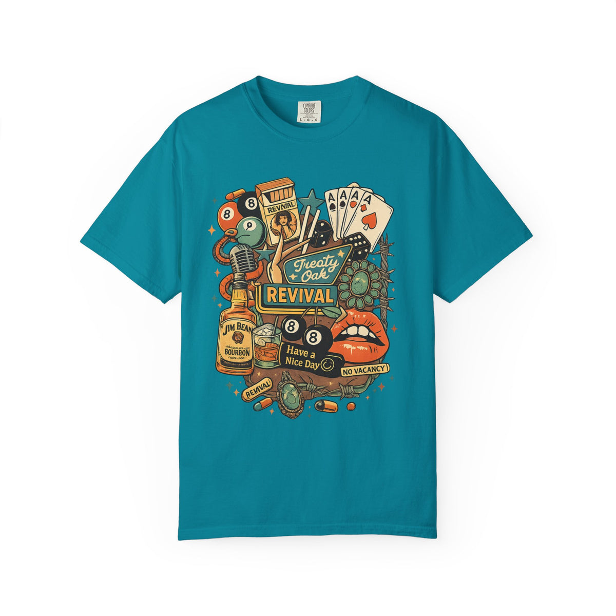 Retro Revival Graphic T-Shirt — 'Revival' Casino & Roadside Patch Art