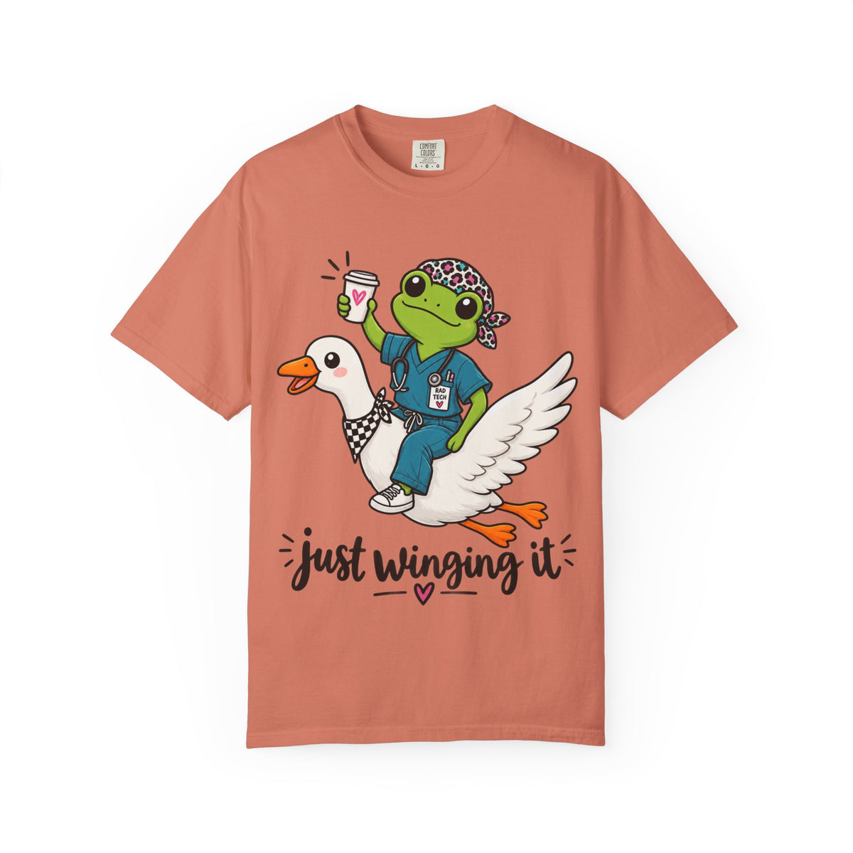 Just Winging It Nurse T-Shirt — Frog Scrub Nurse Riding Goose Graphic Tee