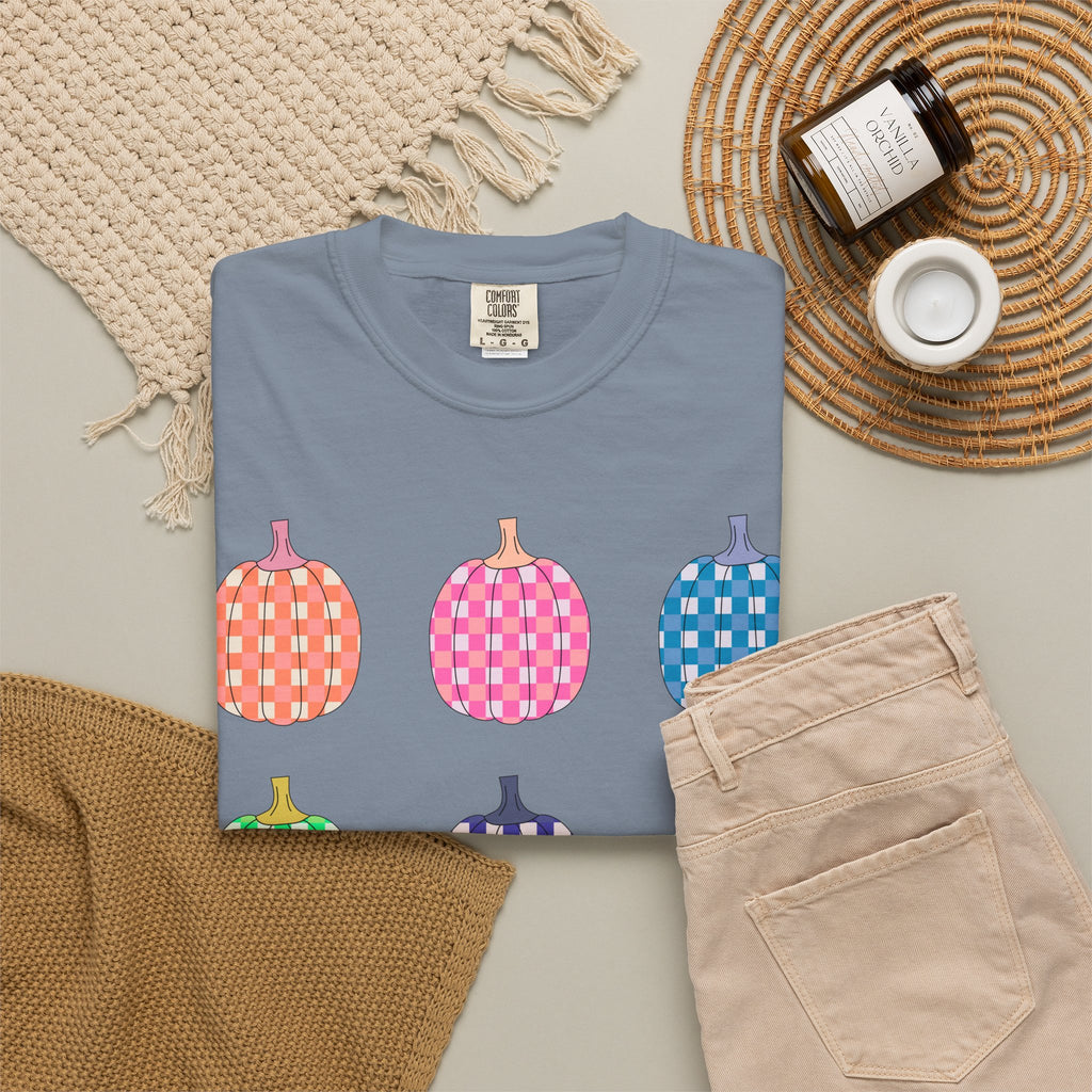 Pumpkin Grid T‑Shirt — Colorful Patterned Pumpkins Tee for Fall & Halloween