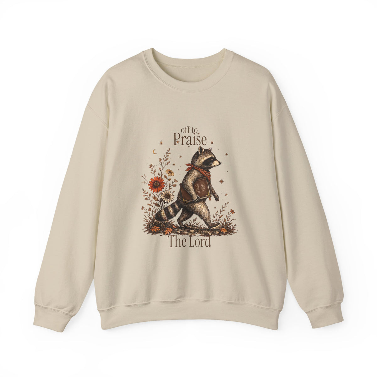 Crewneck Sweatshirt — 'Off to Praise the Lord' Raccoon Christian Graphic