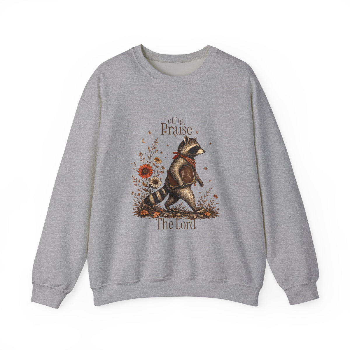 Crewneck Sweatshirt — 'Off to Praise the Lord' Raccoon Christian Graphic