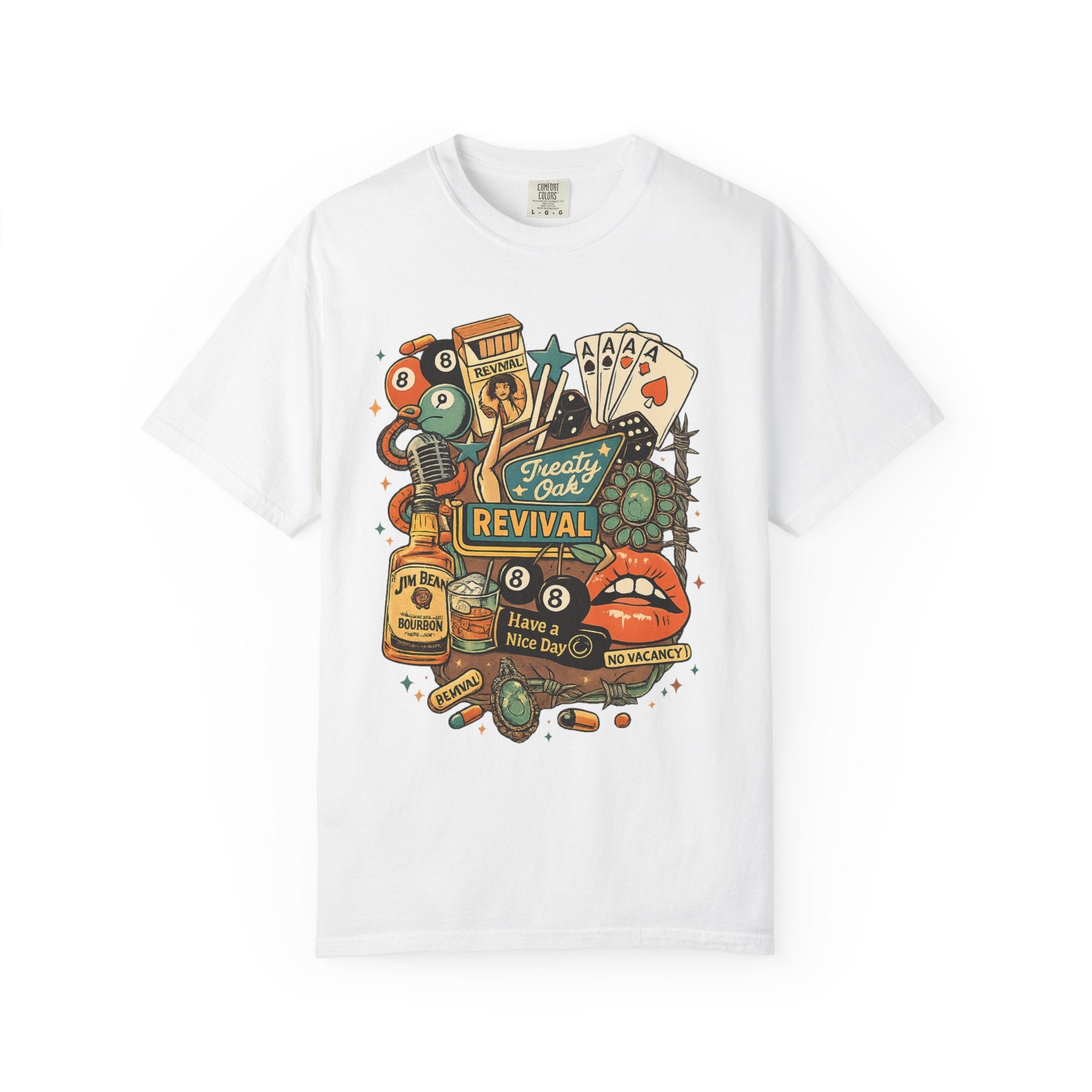 Retro Revival Graphic T-Shirt — 'Revival' Casino & Roadside Patch Art