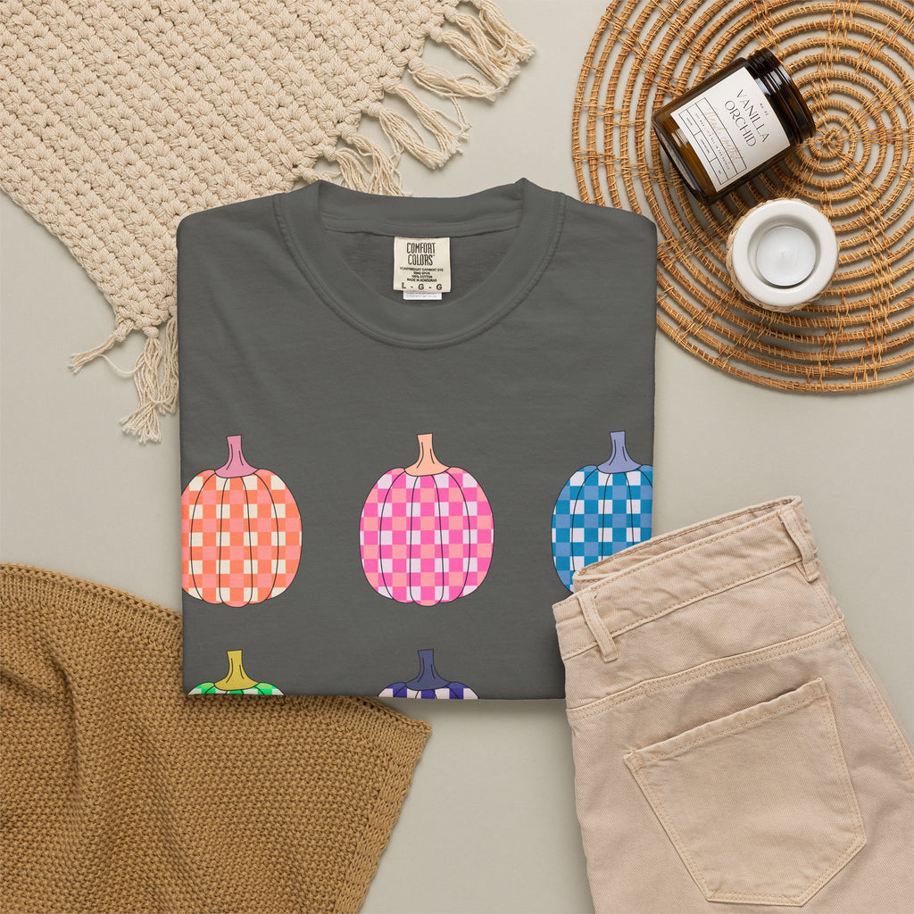 Pumpkin Grid T‑Shirt — Colorful Patterned Pumpkins Tee for Fall & Halloween