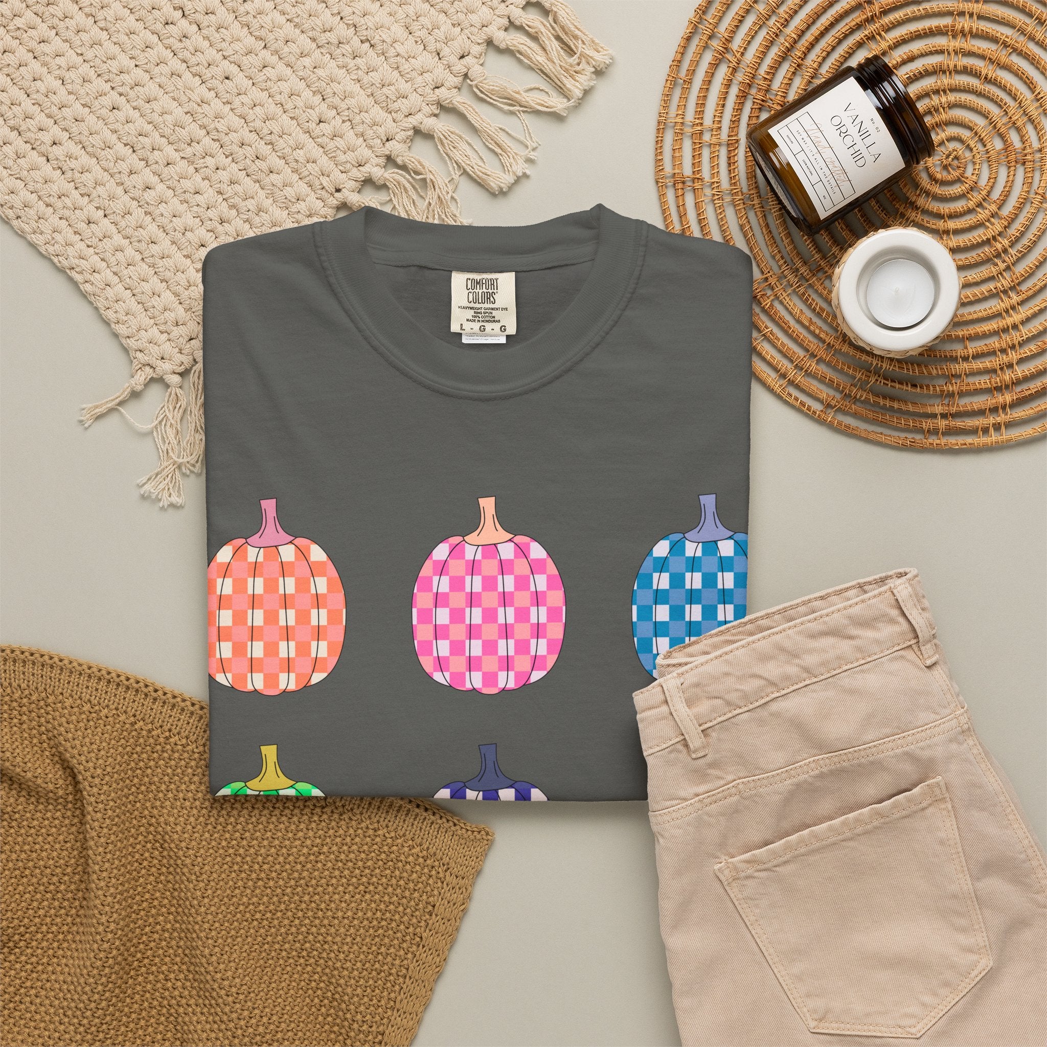 Pumpkin Grid T‑Shirt — Colorful Patterned Pumpkins Tee for Fall & Halloween
