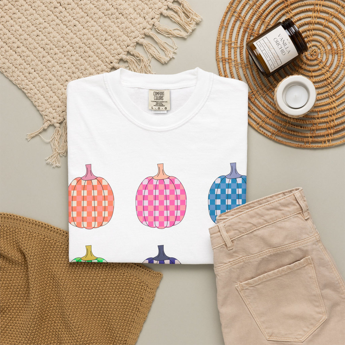 Pumpkin Grid T‑Shirt — Colorful Patterned Pumpkins Tee for Fall & Halloween