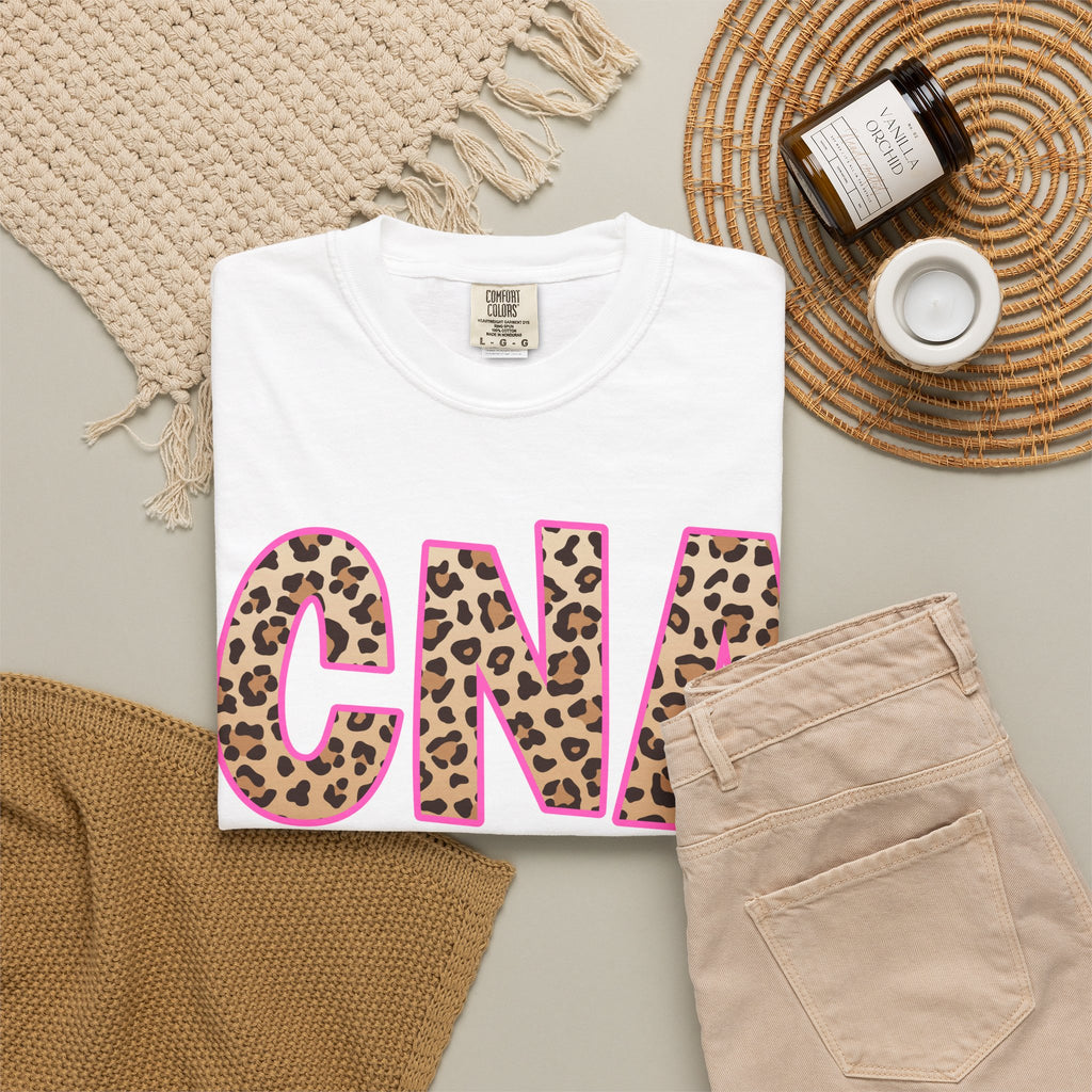CNA Leopard Print Tee — Pink Outline Certified Nursing Assistant Shirt
