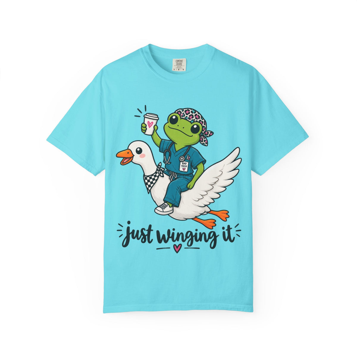 Just Winging It Nurse T-Shirt — Frog Scrub Nurse Riding Goose Graphic Tee