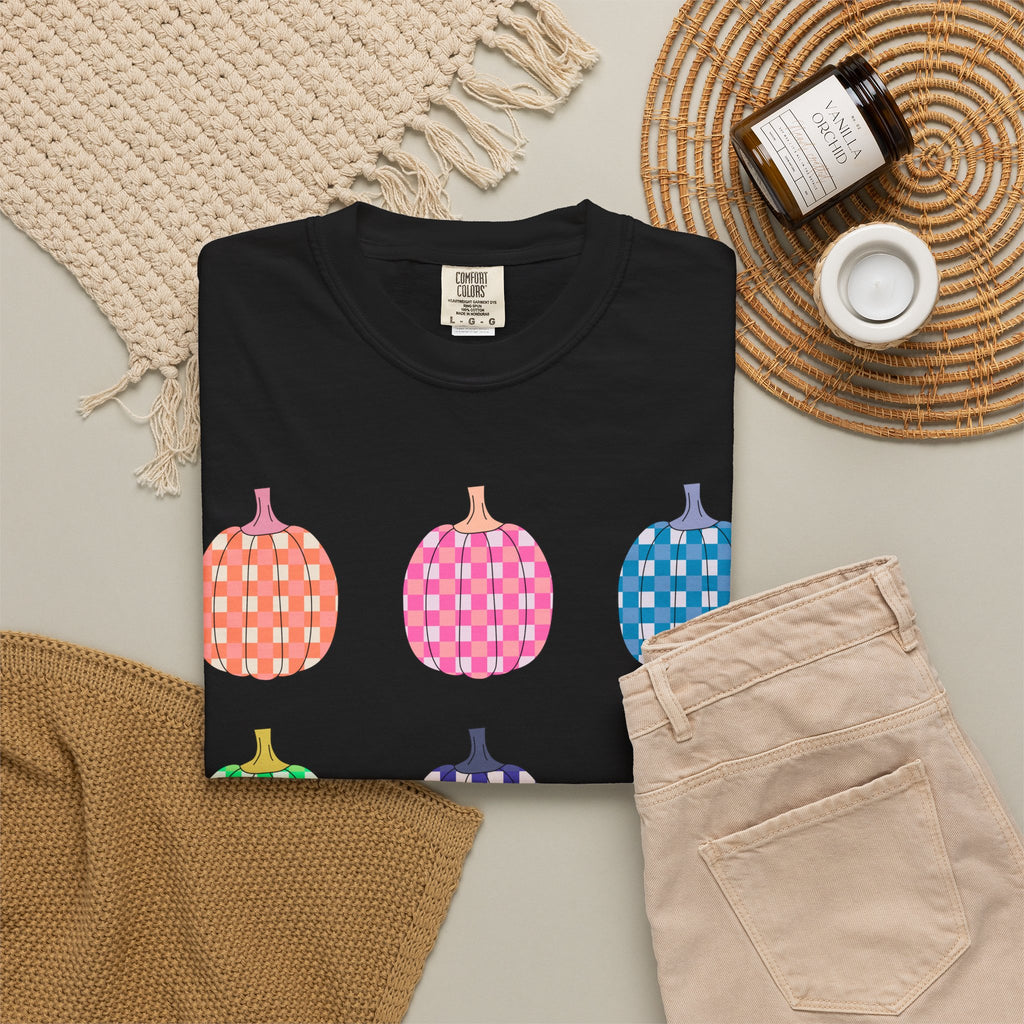 Pumpkin Grid T‑Shirt — Colorful Patterned Pumpkins Tee for Fall & Halloween