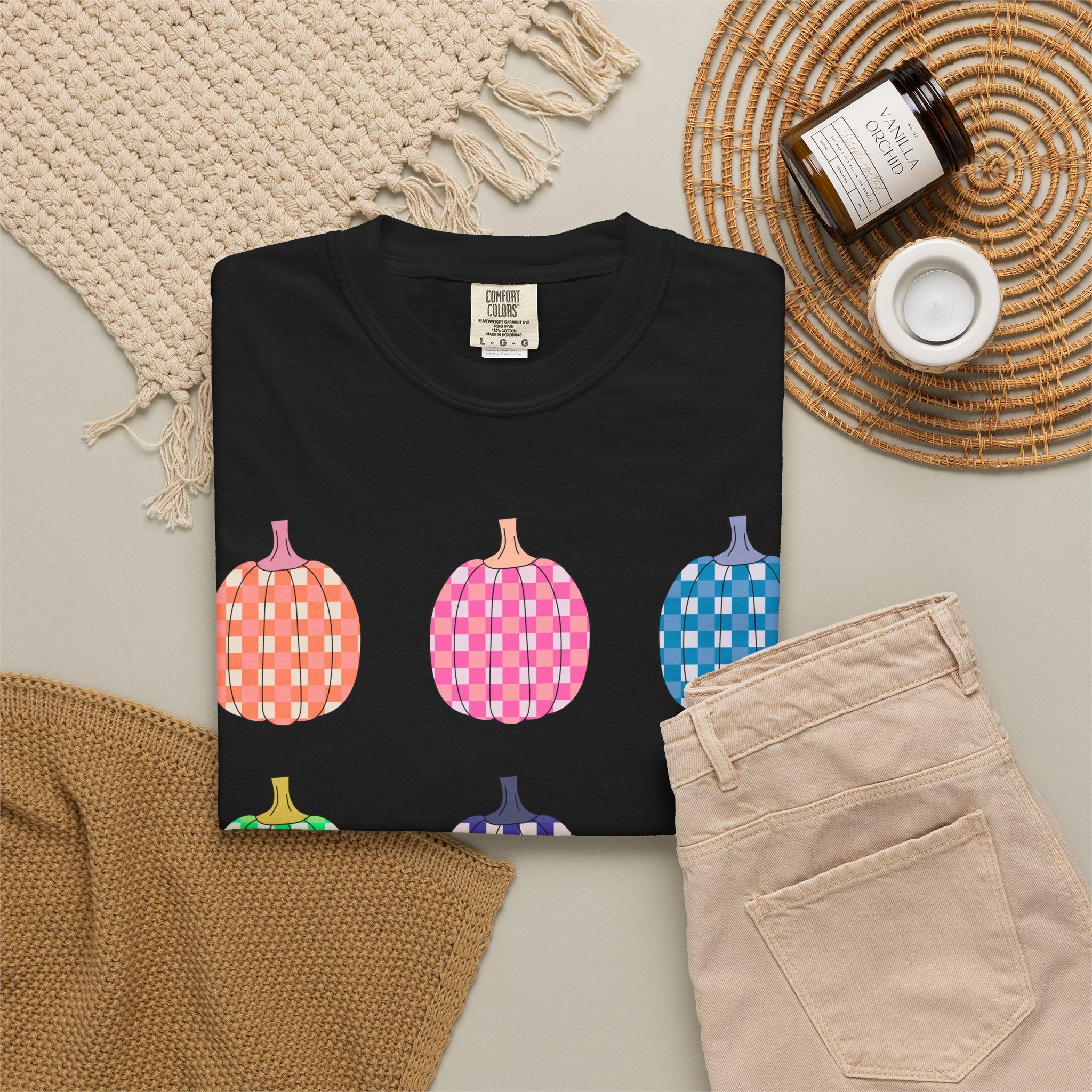 Pumpkin Grid T‑Shirt — Colorful Patterned Pumpkins Tee for Fall & Halloween