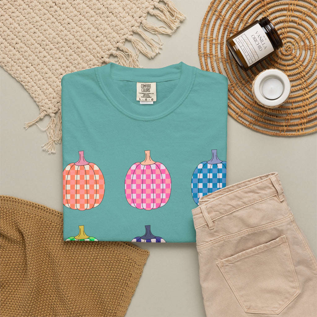 Pumpkin Grid T‑Shirt — Colorful Patterned Pumpkins Tee for Fall & Halloween